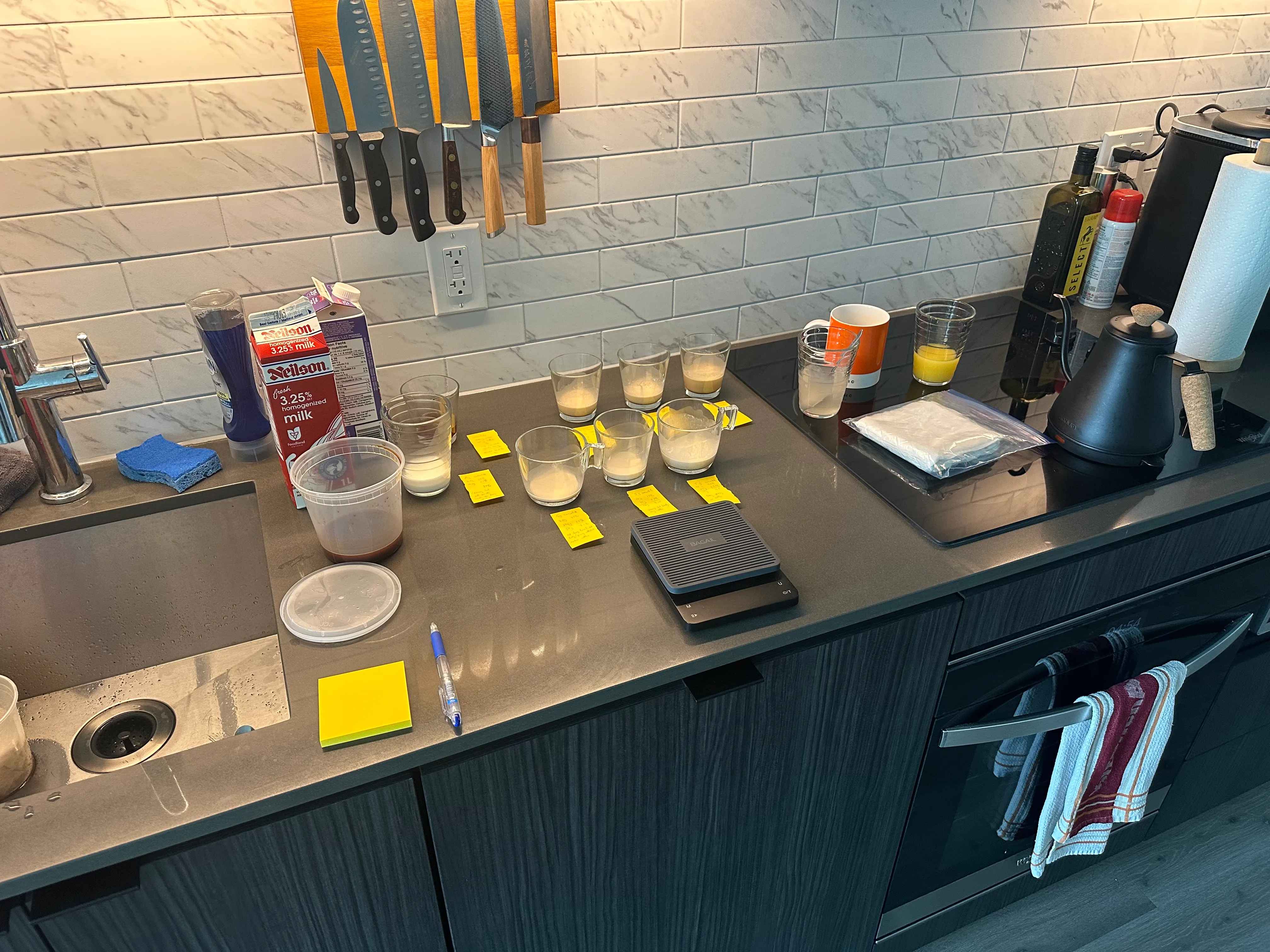 A matrix of cups with varying ratios of coffee and dairy, to figure out the best tasting ratio.